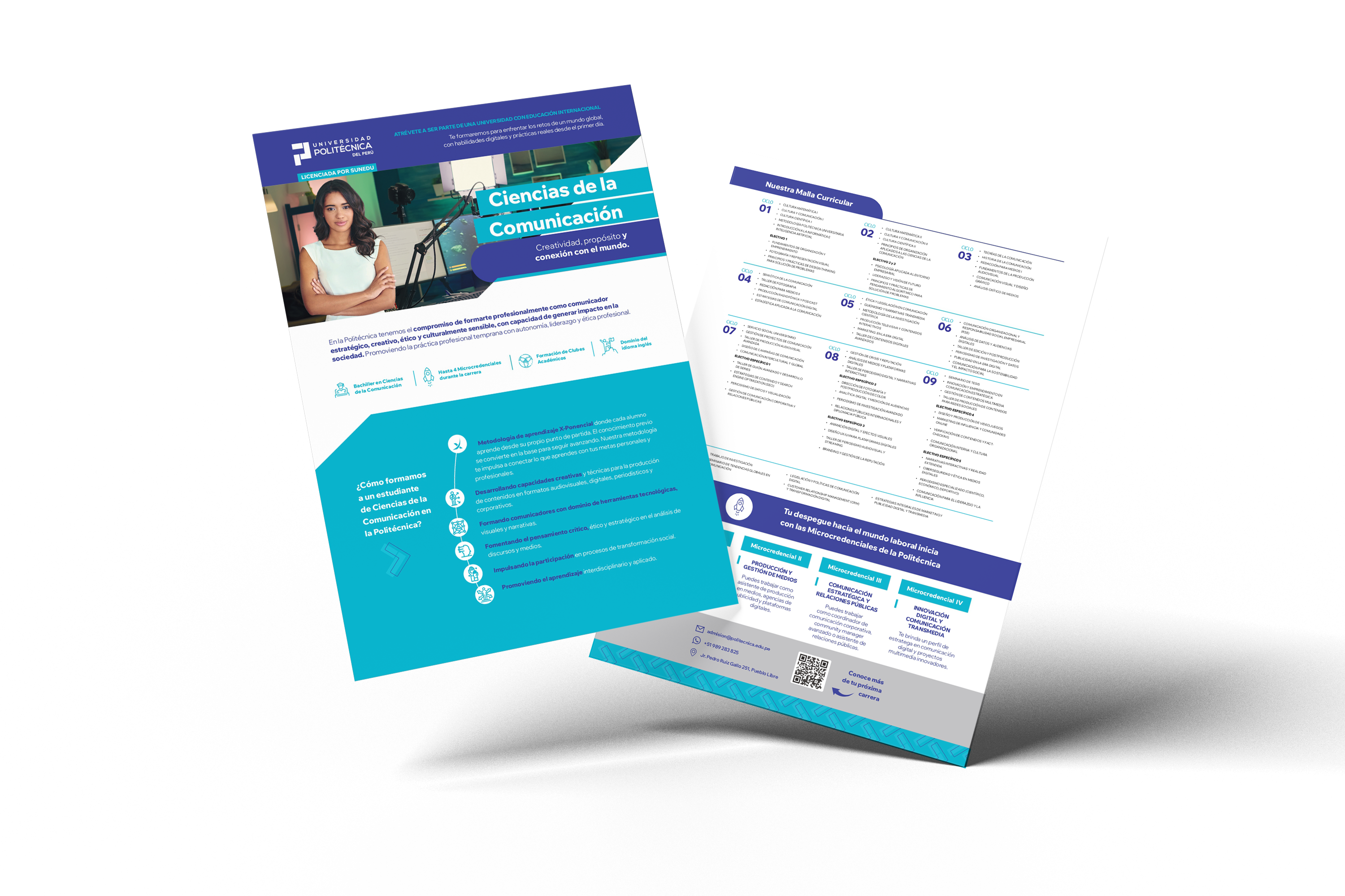 Brochure de Ciencias de la Comunicaci&oacute;n mostrado abierto con sus dos caras