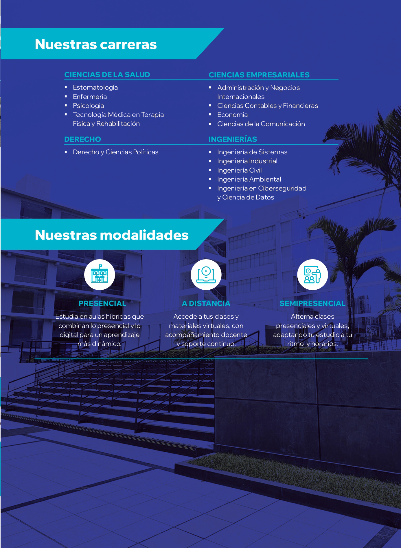 P&aacute;gina del tr&iacute;ptico con carreras y modalidades de estudio