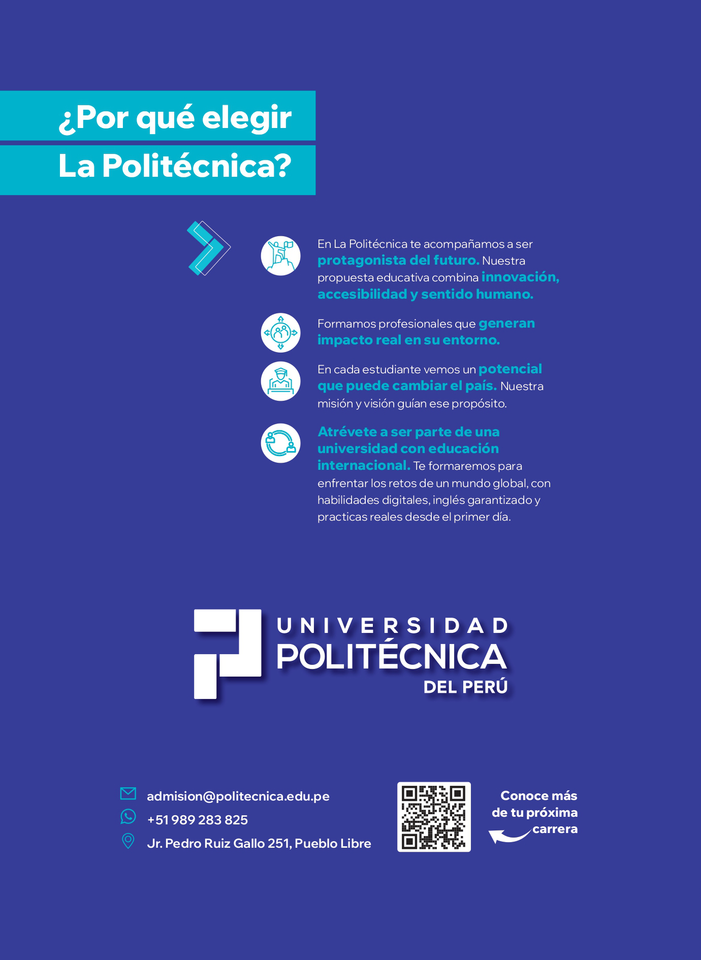 Contraportada del tr&iacute;ptico con razones para elegir la universidad y datos de contacto
