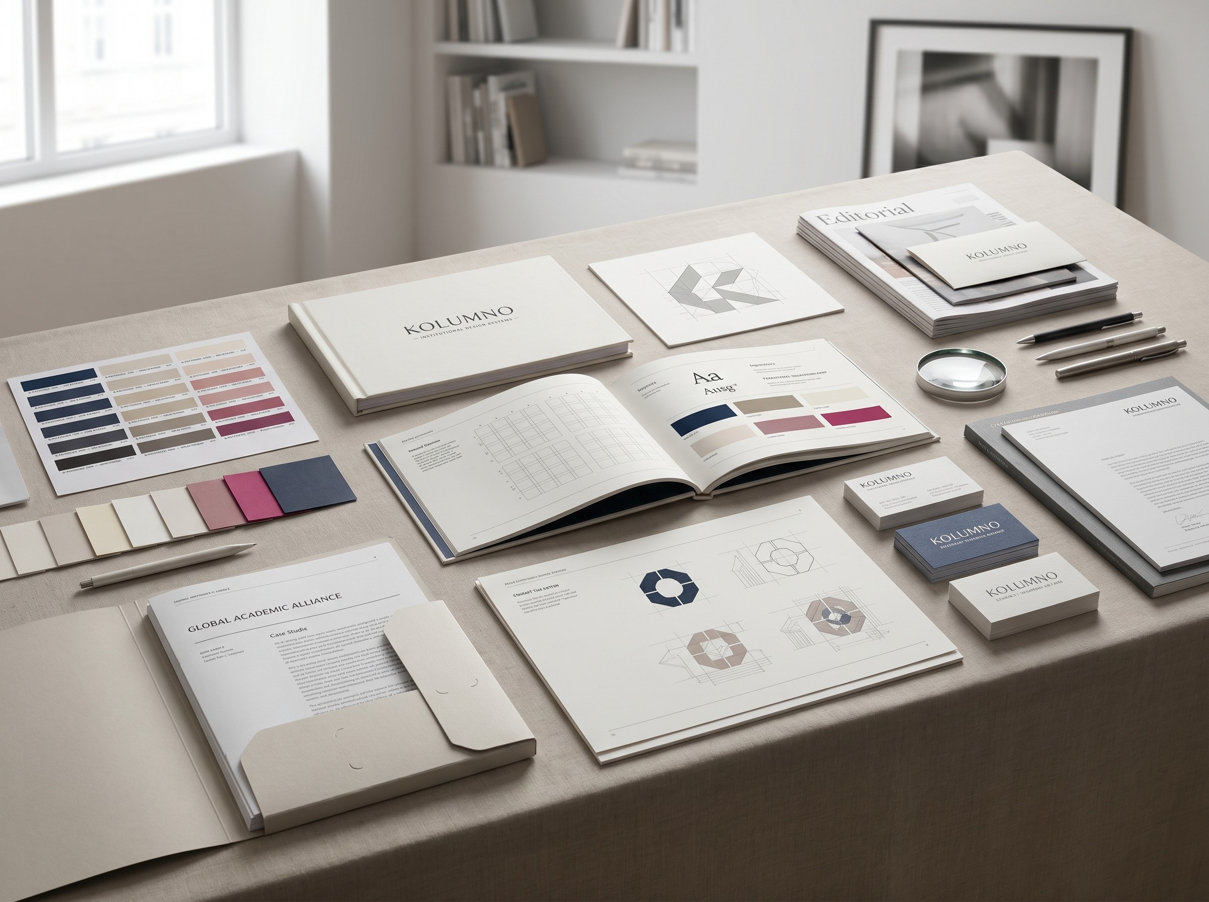 Sistema de identidad y materiales de rebranding institucional de Kolumno Consultor&iacute;a organizados sobre una mesa de trabajo
