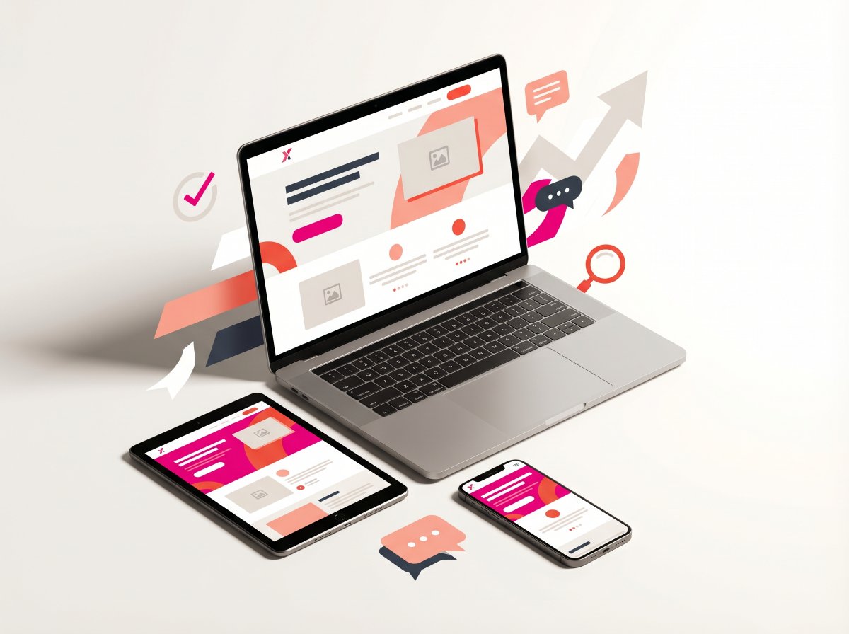Landing page de Kolumno Xpress mostrada en laptop, tablet y m&oacute;vil con lenguaje visual m&aacute;s en&eacute;rgico